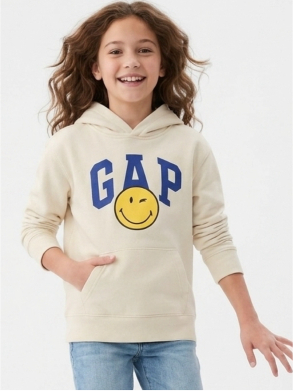 Girls Gap Kids x SmileyWorld Smiley Face Hoodie Cream Beige Large 10/11 - 902